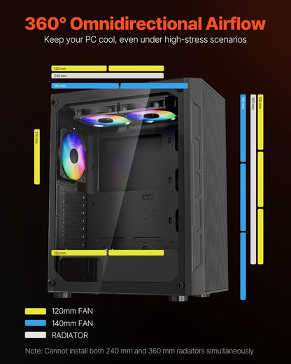 PC-spelchassi, mid-tower, datorchassi med högluftsflödespanel i härdat glas, dammfilter, 3 x 120 mm ARGB-fläktar, enkel kabelhantering, för GPU upp till 320 mm i längd, för ATX / M-ATX / ITX