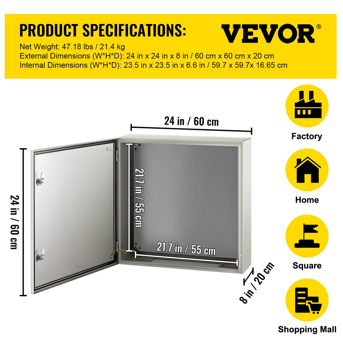 NEMA Steel Enclosure, 60x60x20 cm NEMA 4X Steel Electrical Box, IP66 Waterproof & Dustproof, Outdoor/Indoor Electrical Junction Box, with Mounting Plate