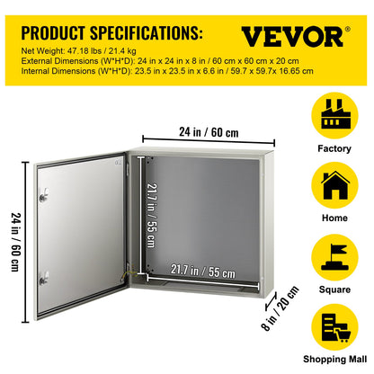NEMA Steel Enclosure, 60x60x20 cm NEMA 4X Steel Electrical Box, IP66 Waterproof & Dustproof, Outdoor/Indoor Electrical Junction Box, with Mounting Plate