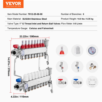 8-Branch Radiant Heat Manifold, 1/2" PEX Tubing Manifold, Stainless Steel PEX Manifold for Hydronic Radiant Floor Heating, Radiant Heat PEX Manifold Kit with 1/2" Adapters Included