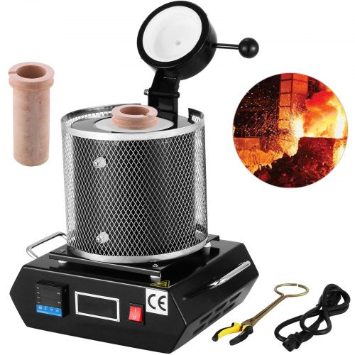 Guldsmältugn, 1350W, 1150℃ maxtemperatur, digital elektrisk smältugn, med 1 kg keramisk degel, för gjutning av ädla metaller, smälter guld, silver, aluminium