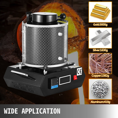 Gold Melting Furnace, 1350W, 1150℃ Max Temperature, Digital Electric Melting Furnace Machine, with 3 kg Ceramic Crucible, for Casting Refining Precious Metals, Melts Gold, Silver, Aluminum