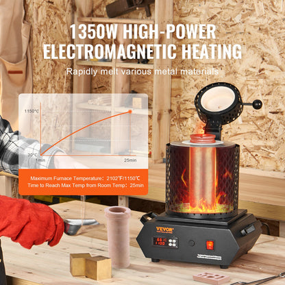 Gold Melting Furnace, 1350W, 1150°C Max Temperature, Digital Electric Melting Furnace with 1 kg and 3 kg Ceramic Crucibles, Crucible Tongs, and Gloves, for Gold, Silver, Aluminum, Copper