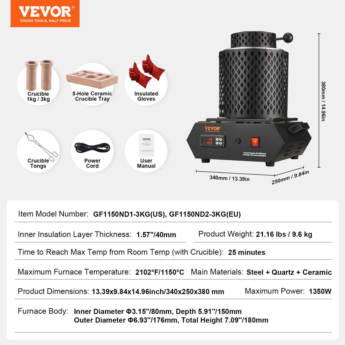 Gold Melting Furnace, 1350W, 1150°C Max Temperature, Digital Electric Melting Furnace with 1 kg and 3 kg Ceramic Crucibles, Crucible Tongs, and Gloves, for Gold, Silver, Aluminum, Copper