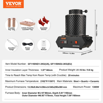 Gold Melting Furnace, 1350W, 1150°C Max Temperature, Digital Electric Melting Furnace with 1 kg and 3 kg Ceramic Crucibles, Crucible Tongs, and Gloves, for Gold, Silver, Aluminum, Copper