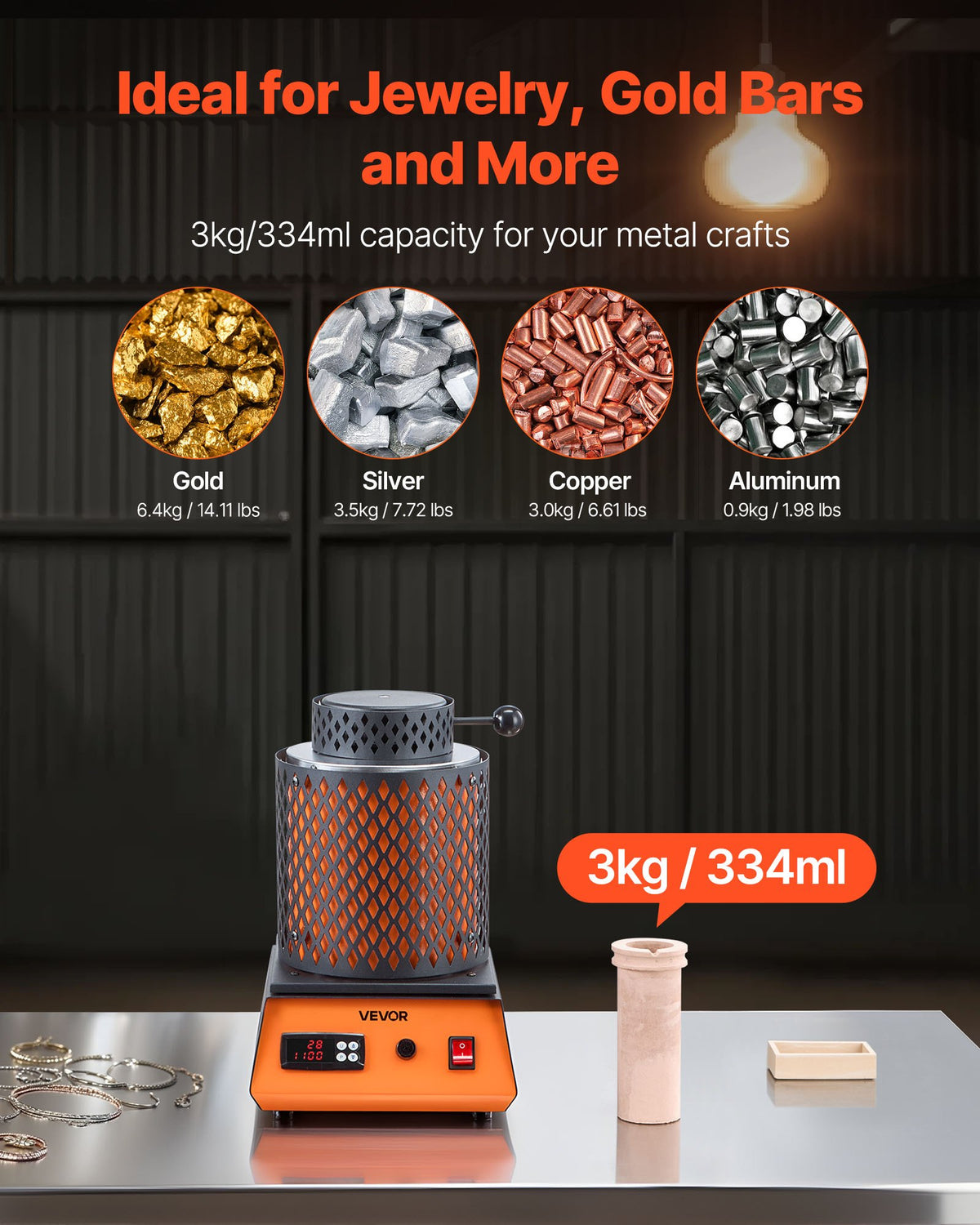 Elektrisk smältugn, 1350W elektrisk smältugnssats, 2102℉/1150℃ metallsmältmaskin med 3kg keramisk degel, guldsmältningssats för smyckestillverkning, metallstänger, metallkomponenter