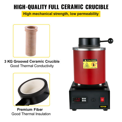 Gold Melting Furnace, 1350W, 1150 ℃ Max Temperature, Digital Electric Melting Furnace, with 3 kg Ceramic Crucible, Ingot Die, and Gloves, for Processing of Gold, Silver, Copper, Aluminum