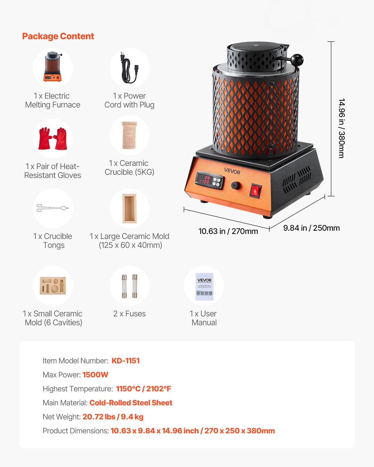 Elektrisk smältugn, 1500W elektrisk smältugnssats, 2102℉/1150℃ metallsmältmaskin med 5 kg keramisk degel, guldsmältningssats för smyckestillverkning, metallstänger, metallkomponenter
