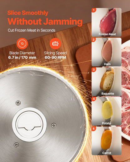 Meat Slicer, 180W Electric Deli Slicer Machine with 170 mm Sharp Blade, Home Meat-Slicer with 60-90 RPM Slicing Speed, 0-15 mm Adjustable Thickness, for Frozen Meat, Ham, Baguett & Prime Steak