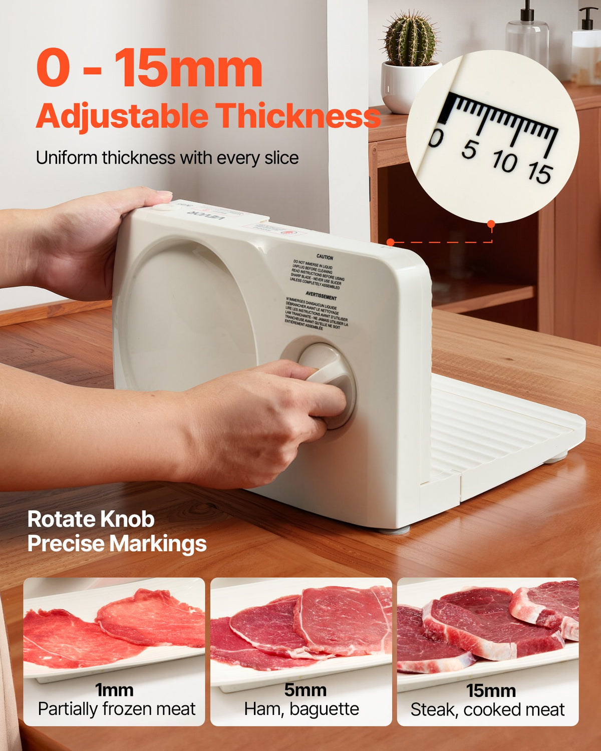 Meat Slicer, 180W Electric Deli Slicer Machine with 170 mm Sharp Blade, Home Meat-Slicer with 60-90 RPM Slicing Speed, 0-15 mm Adjustable Thickness, for Frozen Meat, Ham, Baguett & Prime Steak