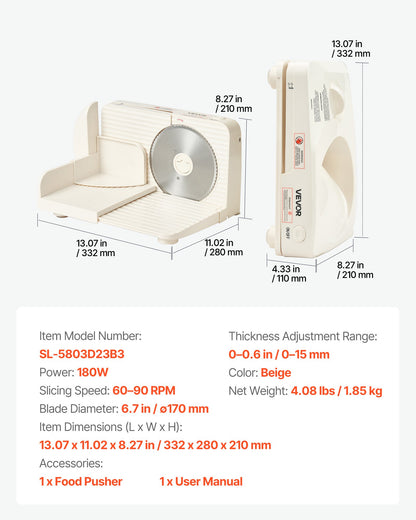 Meat Slicer, 180W Electric Deli Slicer Machine with 170 mm Sharp Blade, Home Meat-Slicer with 60-90 RPM Slicing Speed, 0-15 mm Adjustable Thickness, for Frozen Meat, Ham, Baguett & Prime Steak