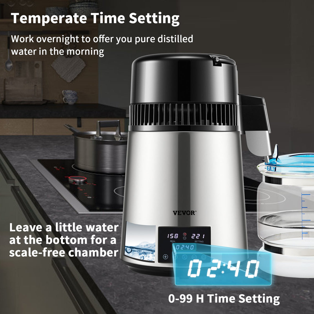 4L vattendestilleri 1,5L/h destillerad vattenmaskin med timer, dubbel temperatur, silver