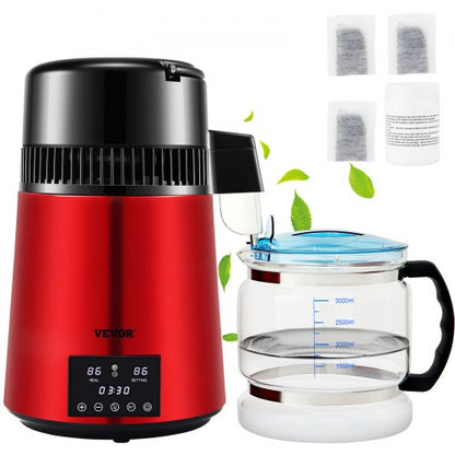 Vattendestilleri, 1 l/h, 4 l destillerat vatten med 0-99 timmars timer, 750 W bänkskåpsvattenrenare med dubbel temperaturdisplay, rengöringspulver för glaskanna med 3 kolpaket, FDA-godkänd, Re