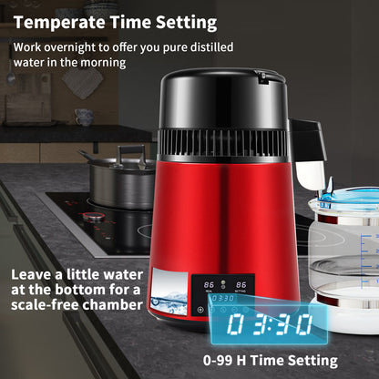 Vattendestilleri, 1 l/h, 4 l destillerat vatten med 0-99 timmars timer, 750 W bänkskåpsvattenrenare med dubbel temperaturdisplay, rengöringspulver för glaskanna med 3 kolpaket, FDA-godkänd, Re