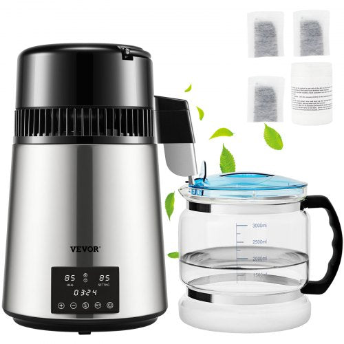 Vattendestilleri, 1 l/h, 4 l destillerat vatten med 0-99 timmars timer, 750 W bänkskåpsvattenrenare med dubbel temperaturdisplay, rengöringspulver för glaskanna med 3 kolpaket, FDA-godkänd, silver