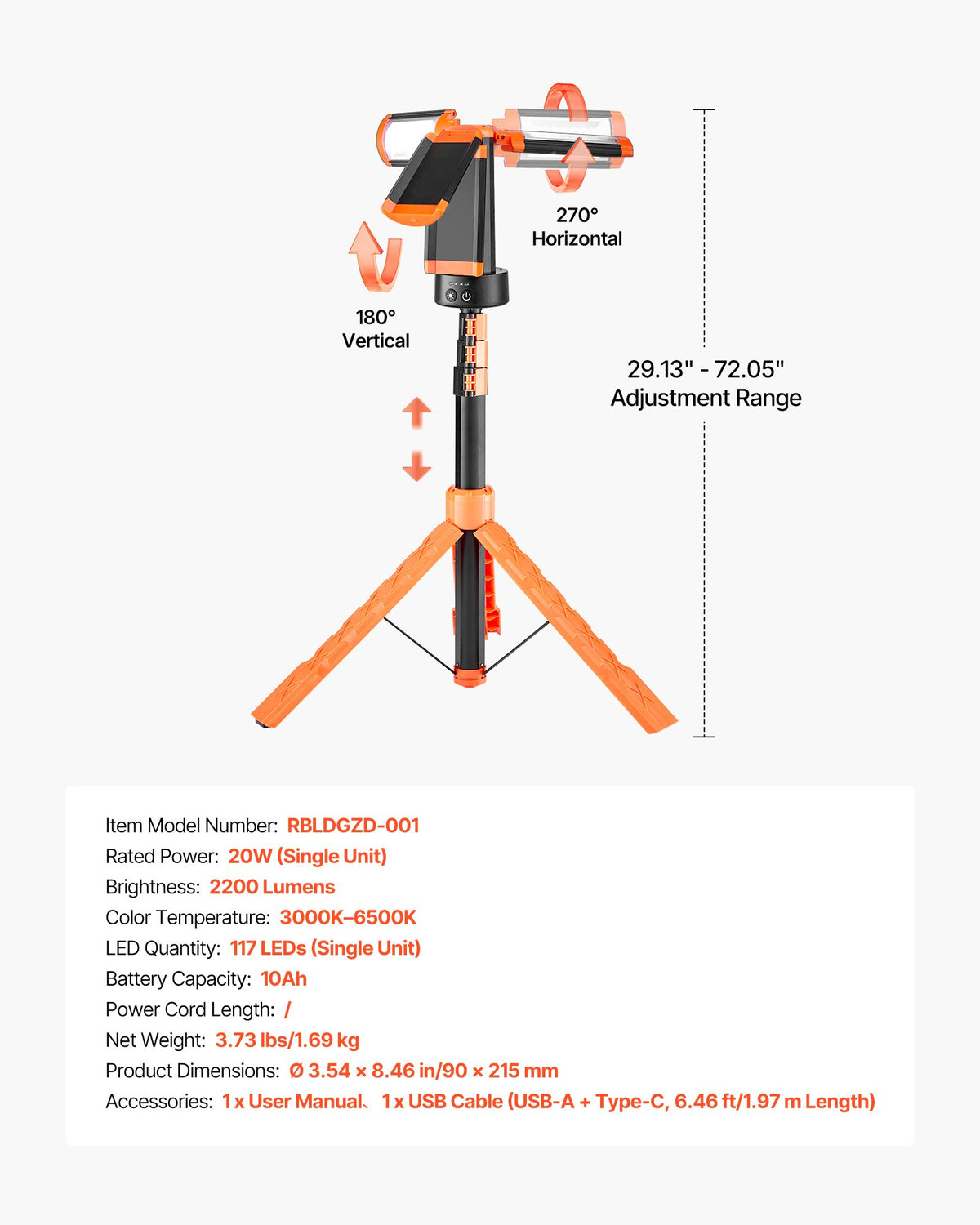LED-arbetslampa med stativ, 10Ah, laddningsbar sladdlös campinglampa, med 3 lamphuvuden, avtagbart stativ, 2200 lumen 3000K-6500K dimbar, bärbar byggbelysning för arbetsplatsen