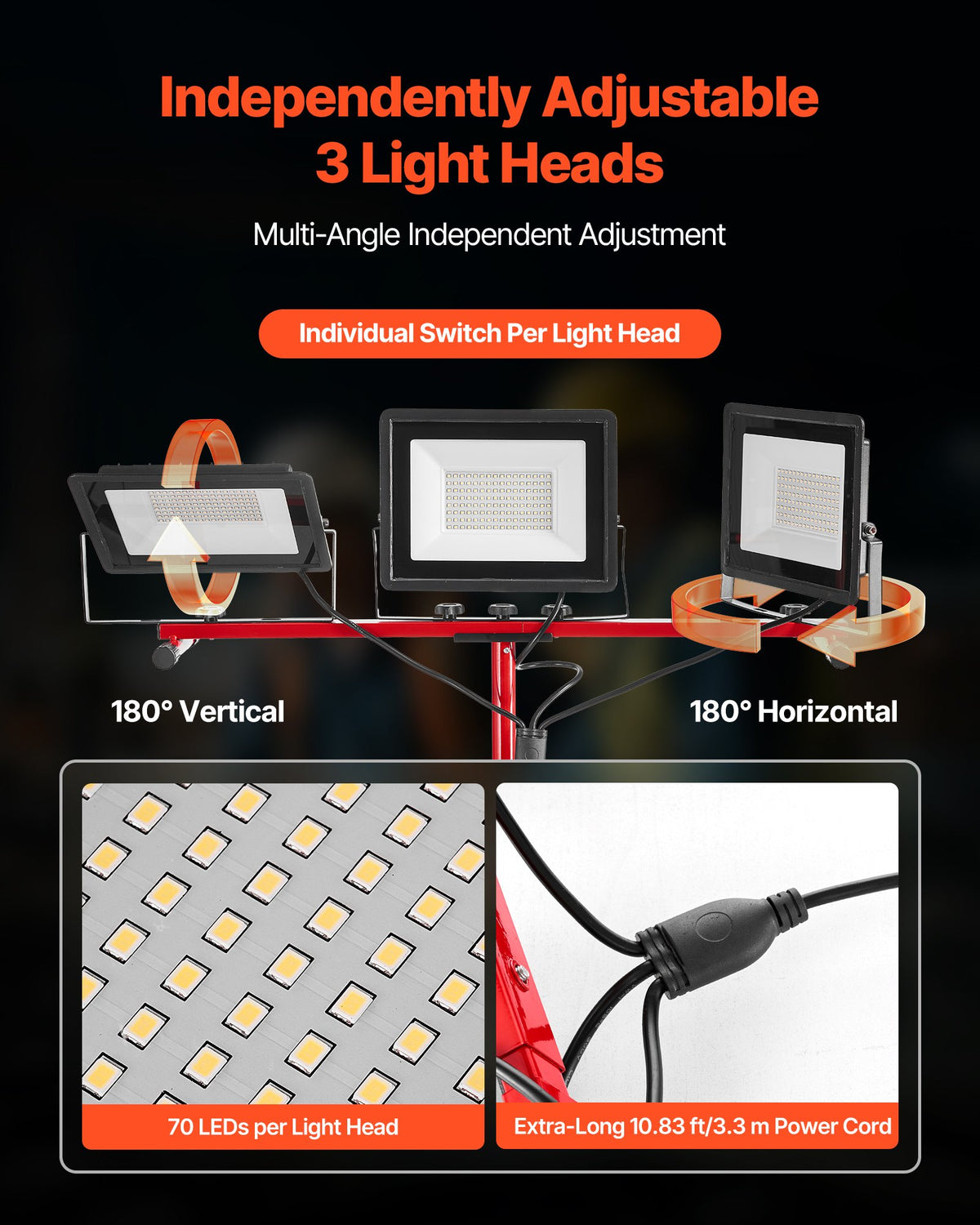 LED-arbetslampa med stativ, 15000 lumen, bärbar campinglampa med tre huvuden och individuell strömbrytare, stativ, 3,3 m nätsladd, för inomhus- och utomhusarbeten, IP65 vattentät
