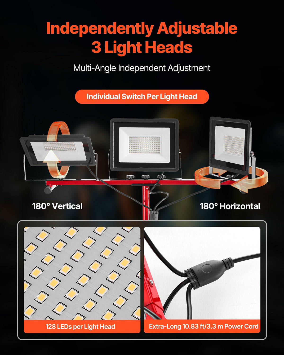 LED-arbetslampa med stativ, 21000 lumen, bärbar campinglampa med tre huvuden och individuell strömbrytare, stativ, 3,3 m nätsladd, för inomhus- och utomhusarbeten, IP65 vattentät