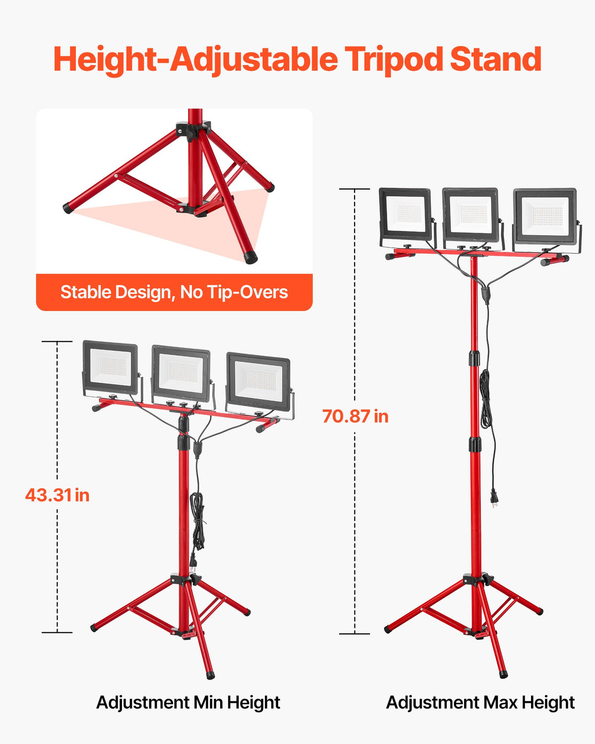 LED-arbetslampa med stativ, 21000 lumen, bärbar campinglampa med tre huvuden och individuell strömbrytare, stativ, 3,3 m nätsladd, för inomhus- och utomhusarbeten, IP65 vattentät