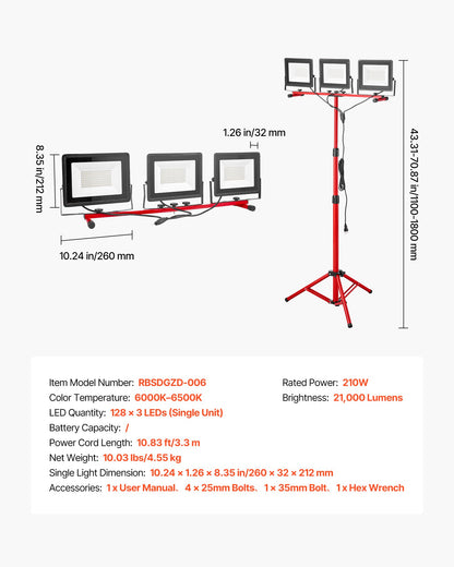 LED-arbetslampa med stativ, 21000 lumen, bärbar campinglampa med tre huvuden och individuell strömbrytare, stativ, 3,3 m nätsladd, för inomhus- och utomhusarbeten, IP65 vattentät