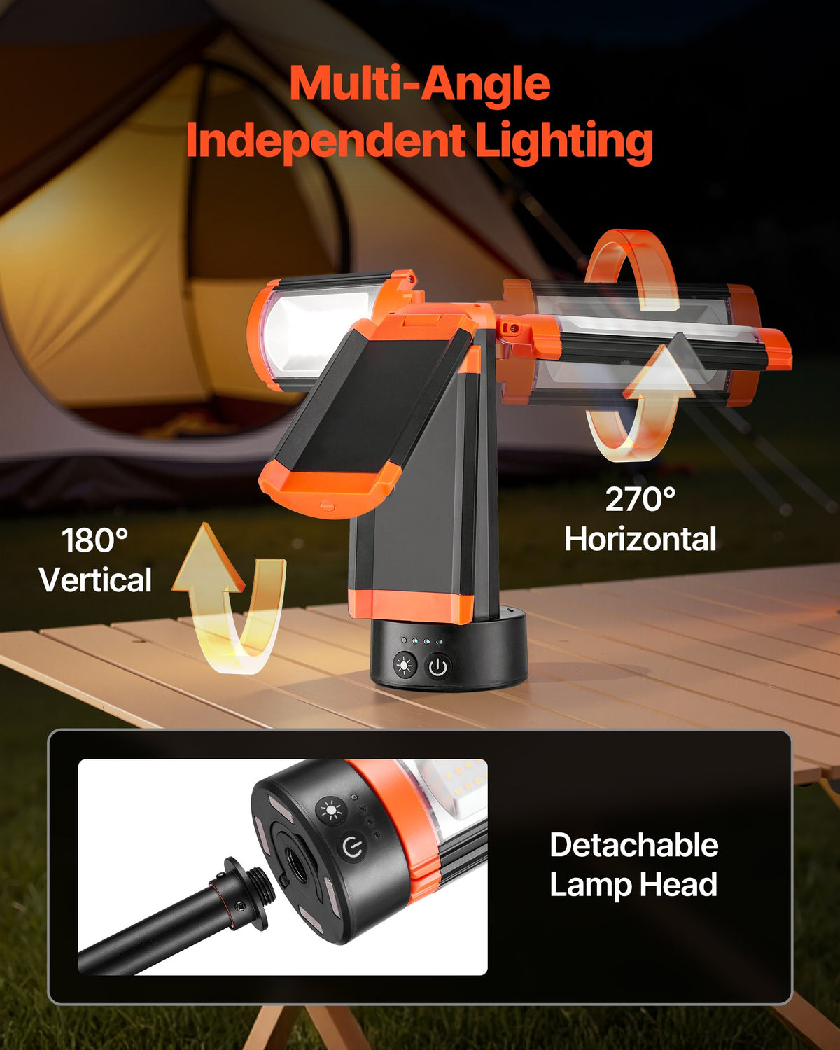 LED-arbetslampa med stativ, 6Ah, laddningsbar sladdlös campinglampa, med 3 lamphuvuden, avtagbart stativ, 2200 lumen 3000K-6500K dimbar, bärbar byggbelysning för arbetsplatsen