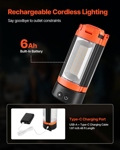 LED-arbetslampa med stativ, 6Ah, laddningsbar sladdlös campinglampa, med 3 lamphuvuden, avtagbart stativ, 2200 lumen 3000K-6500K dimbar, bärbar byggbelysning för arbetsplatsen