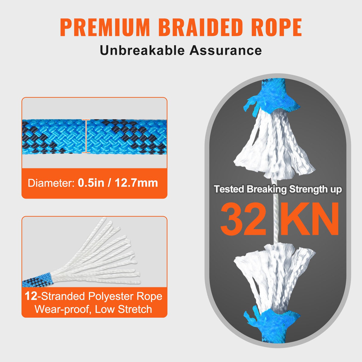 12,7 mm statiskt klätterrep, 45,7 m (150 fot) utomhusklätterrep 30 kN brottspänning, fiberrep med stålkarbinhakar för flykt, firning, brandräddning, blå