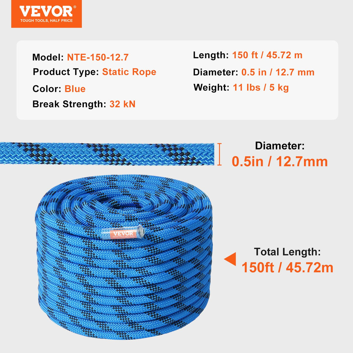 12,7 mm statiskt klätterrep, 45,7 m (150 fot) utomhusklätterrep 30 kN brottspänning, fiberrep med stålkarbinhakar för flykt, firning, brandräddning, blå