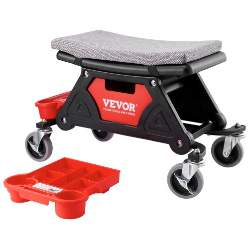 Mekanikerpall, rullande mekanikerstol med kapacitet 136,1 kg och 10,2 cm hjul, tre utdragbara verktygsfack och låda, kraftigt rullande krypsäte för hemma- och garagebyggen, gör-det-själv-bilar