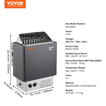 Sauna Heater, 8KW Electric Sauna Stove, 400V 3N Portable Indoor/Outdoor Sauna Heater with 3h Timer, Built-In Controls for 8-12 m³ Home, Commercial Hotel Spa Shower Use, Max 110℃