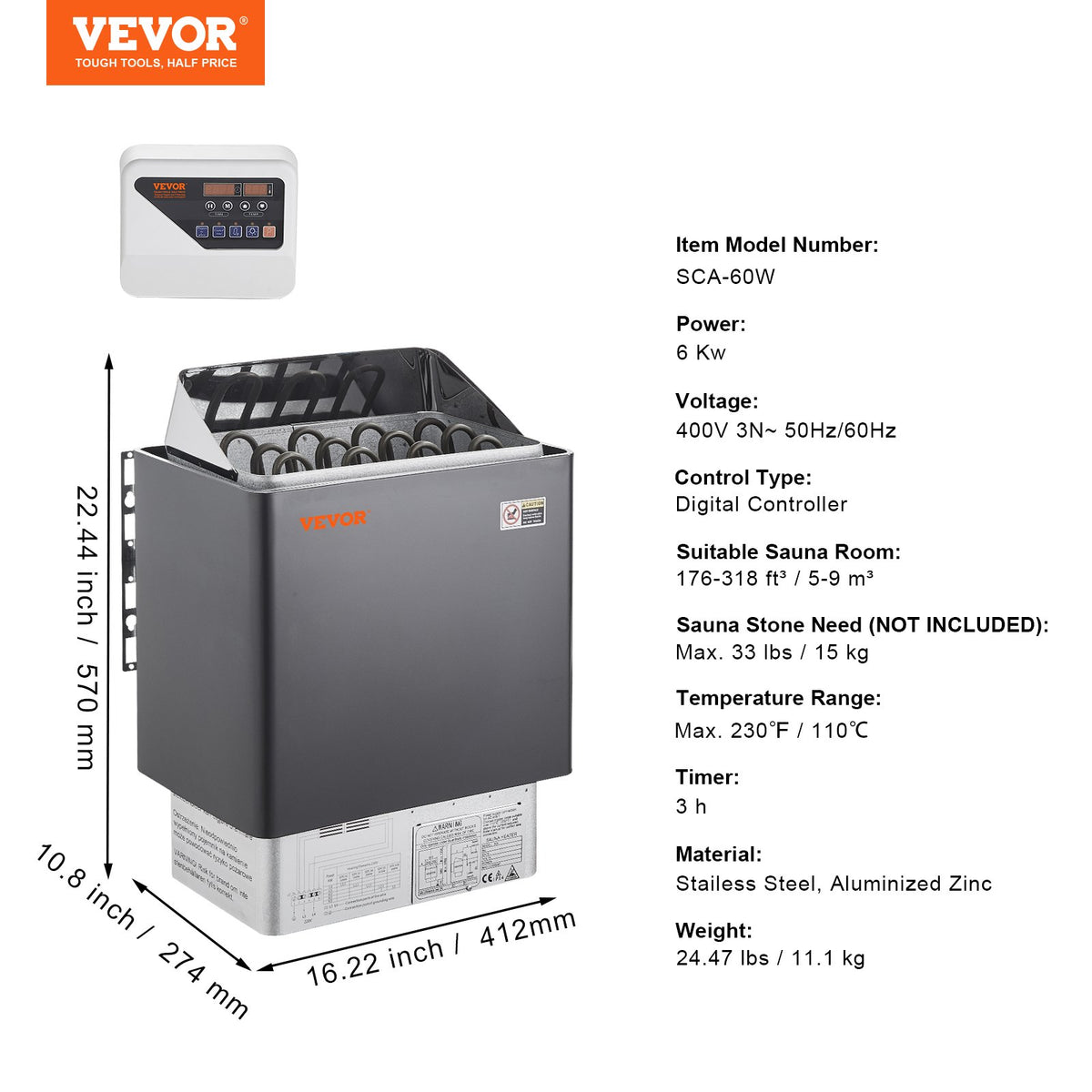 Bastuaggregat, 6KW elektrisk bastuugn, 400V 3N bärbar inomhus-/utomhusbastuaggregat med 3 timmars timer, digital styrenhet för 5-9 m³ hemmabruk, kommersiell hotellspadusch, max 110℃