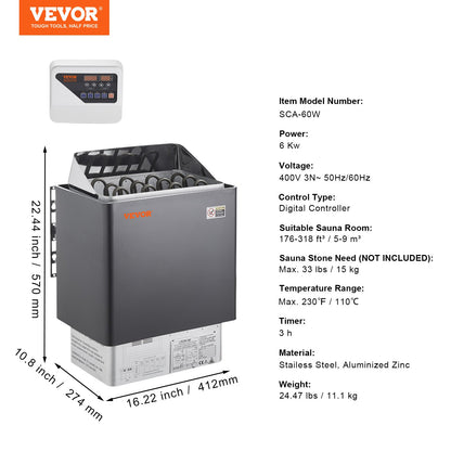 Bastuaggregat, 6KW elektrisk bastuugn, 400V 3N bärbar inomhus-/utomhusbastuaggregat med 3 timmars timer, digital styrenhet för 5-9 m³ hemmabruk, kommersiell hotellspadusch, max 110℃