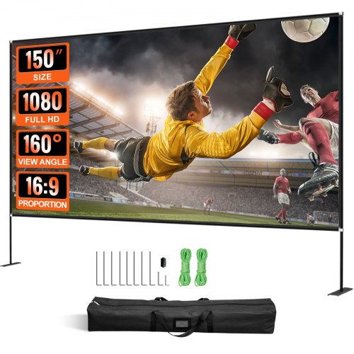 Utomhusfilmskärm med stativ, 150" bärbar filmskärm, 16:9 HD vidvinkelprojektorduk för utomhusbruk, fram- och bakprojektion, med förvaringsväska och stativ för hemmabio på kontoret, utomhus- och inomhusbruk