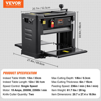 Thickness Planer, Single Speed, 33 cm Width Worktable Benchtop Planer, Two-Blade, 15-Amp 1800W Powerful Motor, 30.5 cm Extended Infeeding Table, Low Noise for Both Hard & Soft Wood Material Removal