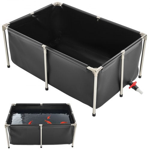 Fiskdamm i kanvas, 126,8 gallon ovanmarksdamm, hopfällbar PVC-koi-akvarie, rektangulärt guldfiskakvarie med stabil ram och dräneringsventil, för vattenbruk, koi-odling och bevattning (svart)