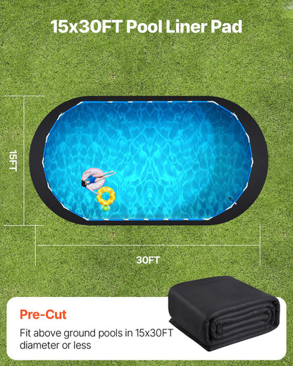 Oval poolmatta, 15 x 30 fot poolmatta för ovanmarkspooler, extra tjock poolmatta, förhindrar punkteringar, underlag av återvunnet geotextilmaterial, förlänger fodrets livslängd