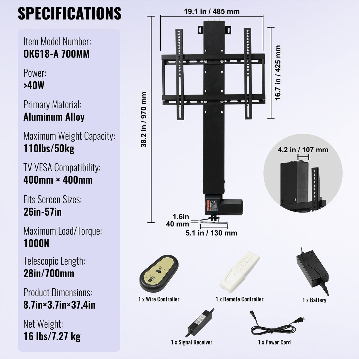 Motorized TV Lift Stroke Length 71.1 cm Motorized TV Mount Fit for 66–144.8 cm TV Lift with Remote Control Height Adjustable 71.1 cm Load Capacity 59.9 kg