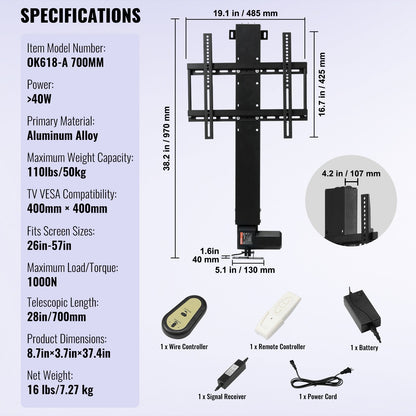 Motorized TV Lift Stroke Length 71.1 cm Motorized TV Mount Fit for 66–144.8 cm TV Lift with Remote Control Height Adjustable 71.1 cm Load Capacity 59.9 kg