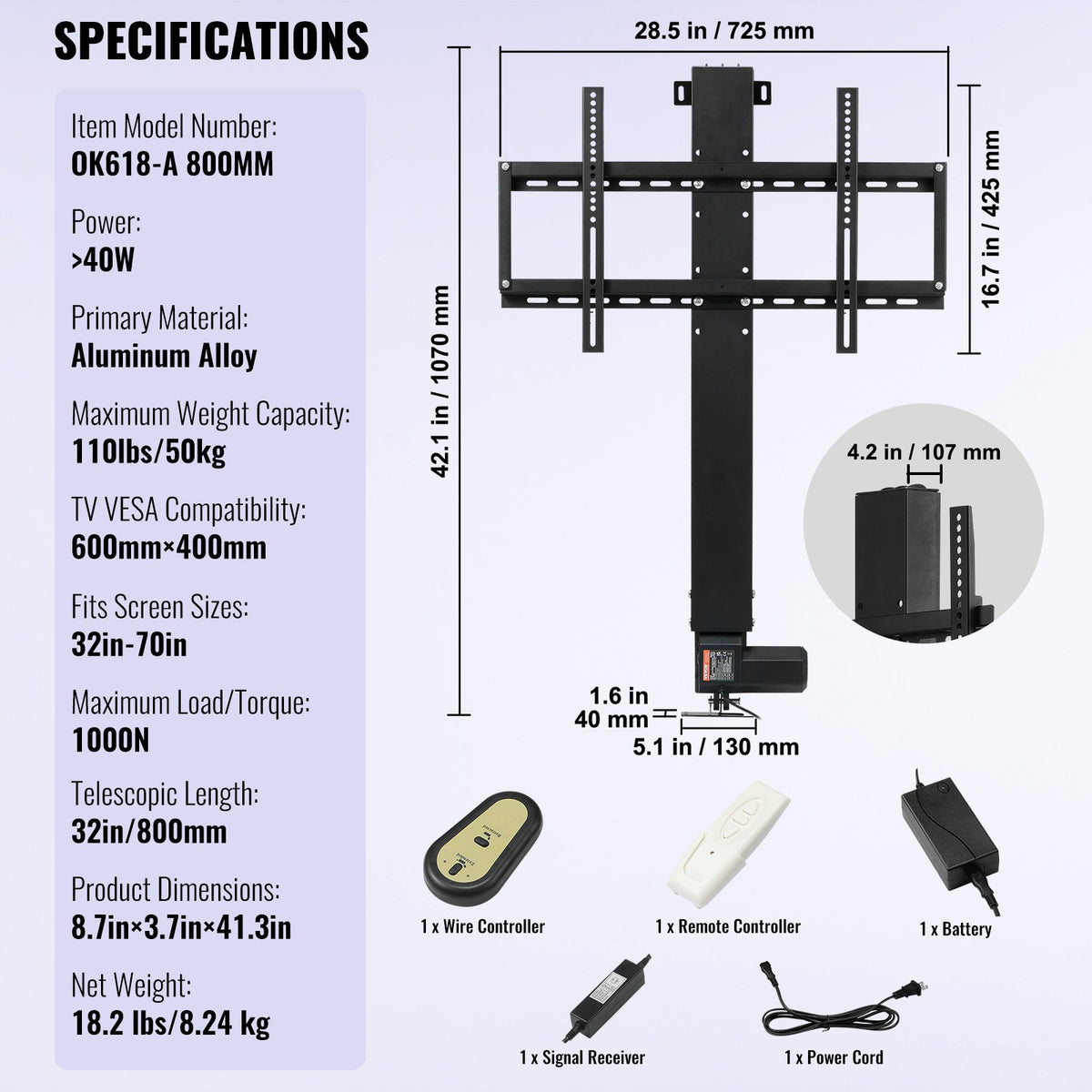 TV-lyftställ Motoriserad TV-lyftfäste för automatisk TV-lyft för 66–152,4 cm platt-TV med LCD/LED/OLED-plasmafunktion Kraftigt elektriskt TV-fäste Motoriserad TV-lyft