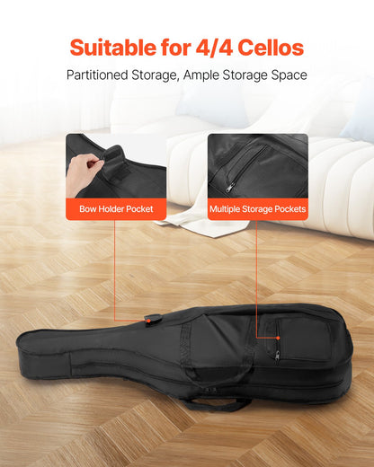 4/4 cellofojal i full storlek, vattentät nylon, lätt och bärbar reseväska, med förstärkt handtag, dubbla axelremmar, reptålig, professionell celloform, för cello, svart
