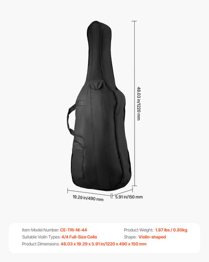 4/4 cellofojal i full storlek, vattentät nylon, lätt och bärbar reseväska, med förstärkt handtag, dubbla axelremmar, reptålig, professionell celloform, för cello, svart