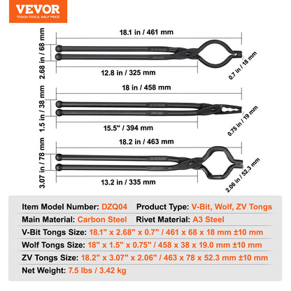 Blacksmith Tongs, 45.7 cm 3 PCS, V-Bit Bolt Tongs, Wolf Jaw Tongs and Z V-Bit Tongs, Carbon Steel Forge Tongs with A3 Steel Rivets, for Beginner and Seasoned Blacksmiths, Bladesmiths and Craftsmen