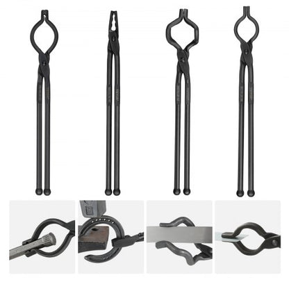 Blacksmith Tongs, 45.7 cm 4 PCS, V-Bit Bolt Tongs, Wolf Jaw Tongs, Z V-Bit Tongs and Gripping Tongs, Carbon Steel Forge Tongs with A3 Steel Rivets, for Beginner and Seasoned Blacksmiths, Bladesmiths