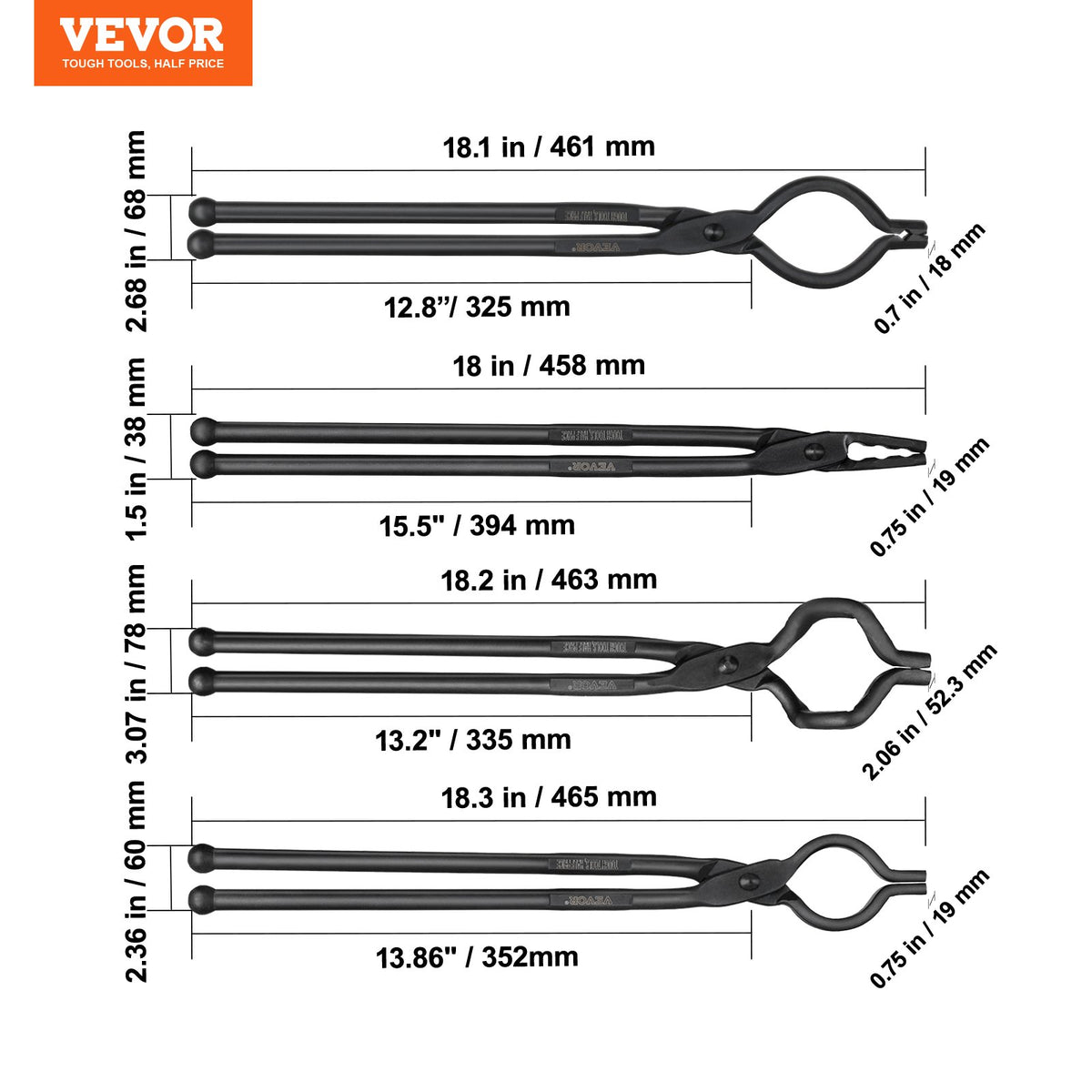 Blacksmith Tongs, 45.7 cm 4 PCS, V-Bit Bolt Tongs, Wolf Jaw Tongs, Z V-Bit Tongs and Gripping Tongs, Carbon Steel Forge Tongs with A3 Steel Rivets, for Beginner and Seasoned Blacksmiths, Bladesmiths