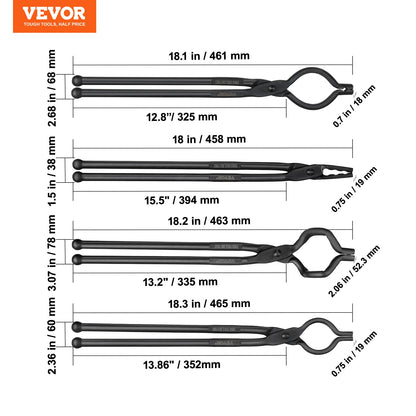 Blacksmith Tongs, 45.7 cm 4 PCS, V-Bit Bolt Tongs, Wolf Jaw Tongs, Z V-Bit Tongs and Gripping Tongs, Carbon Steel Forge Tongs with A3 Steel Rivets, for Beginner and Seasoned Blacksmiths, Bladesmiths
