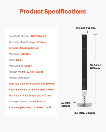 RV Lead Femtehjulslandställsben 179013, 825 mm Femtehjulslandställ Universal Ersättning Kompatibel med Lippert Venture, Atwood, Stromberg Carlson Systems, med Sprint och Bas, Svart