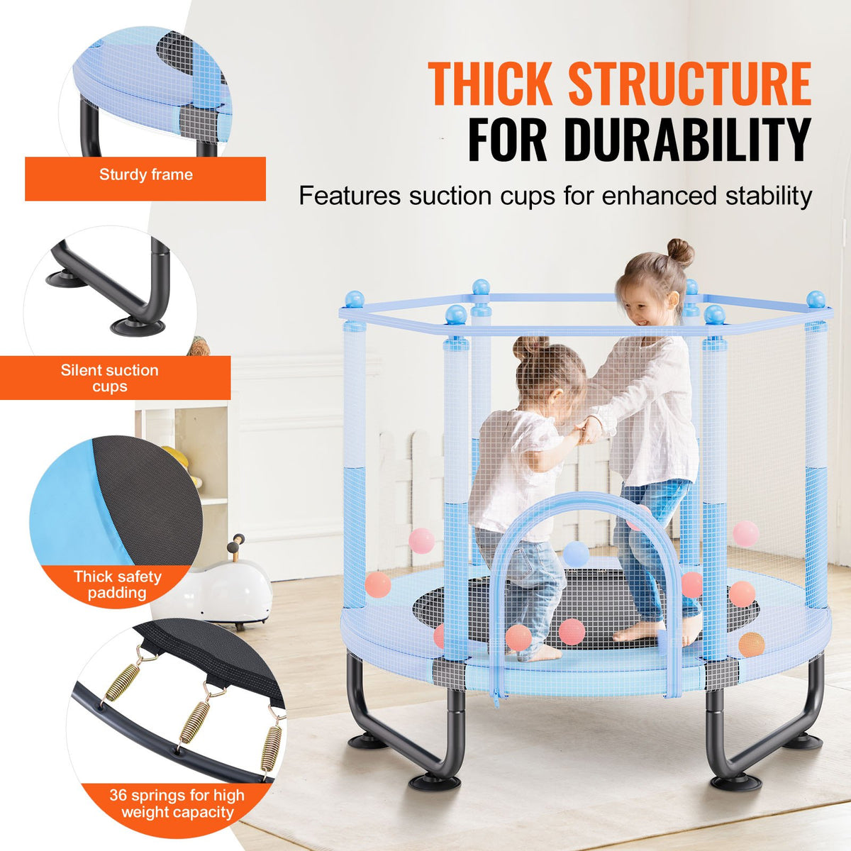 60" barnstudsmatta, 1,5 meter inomhus- och utomhusstudsmatta, mini-studsmatta för småbarn med säkerhetsnät och basketkorg, födelsedagspresenter och julleksaker för barn från 3 år, blå
