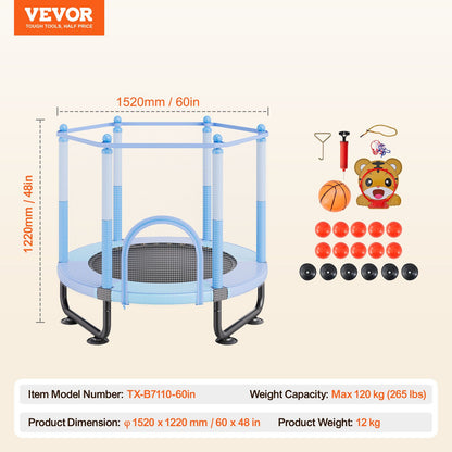 60" barnstudsmatta, 1,5 meter inomhus- och utomhusstudsmatta, mini-studsmatta för småbarn med säkerhetsnät och basketkorg, födelsedagspresenter och julleksaker för barn från 3 år, blå