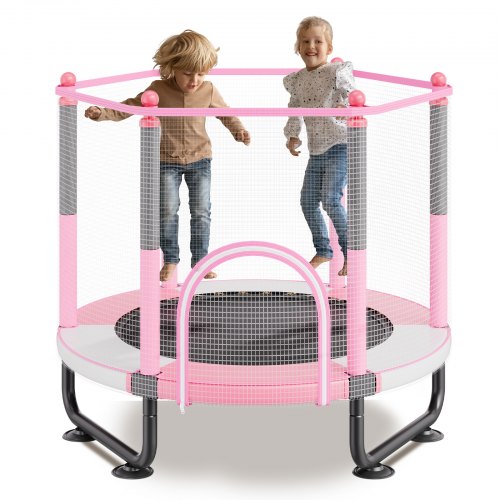 60" Kids Trampoline, 5FT Indoor Outdoor Trampoline, Mini Toddler Recreational Trampolinewith Safety Enclosure Net and Basketball Hoop, Birthday Gifts Christmas Toys for 3+ Years Children, Pink