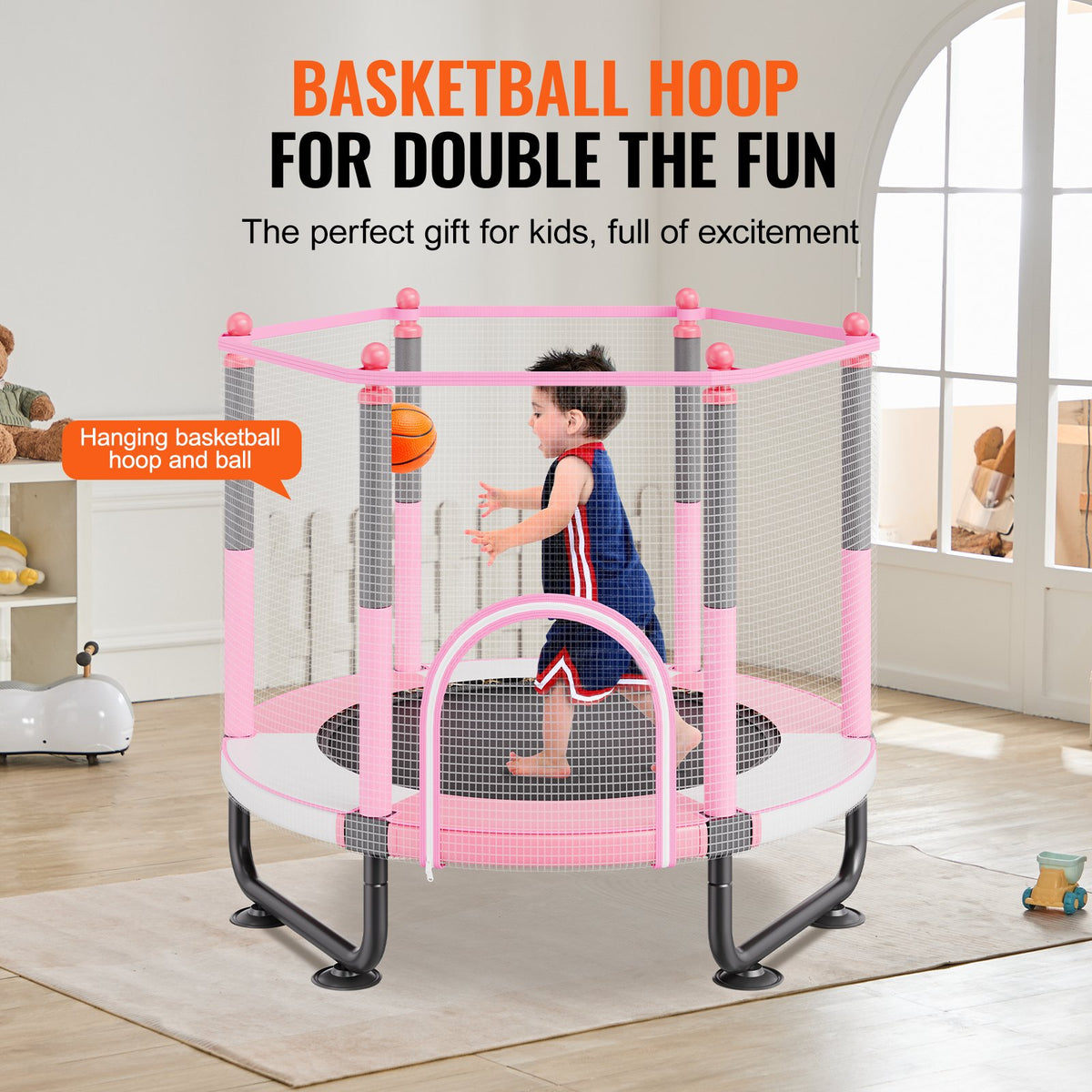 60" barnstudsmatta, 1,5 meter inomhus- och utomhusstudsmatta, mini-studsmatta för småbarn med säkerhetsnät och basketkorg, födelsedagspresenter, julleksaker för barn från 3 år, rosa